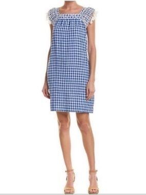 J. McLaughlin Blue & White Gingham w Tassels 100% Linen Dress Sz. L